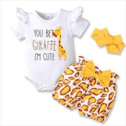 PatPat Baby Girl Clothes 3Pcs Outfit Set Giraffe Print Romper Shorts Headband Gift for 3-6 Months - Thumbnail 1