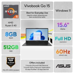 ASUS Vivobook Go 15 15.6” FHD Laptop with AMD Ryzen 5 40, AMD Radeon Graphics, 8GB RAM, 512GB SSD, Mixed Black - Thumbnail 2