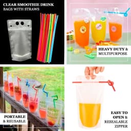 Efavormart 50 Pack Clear Stand-Up Plastic Drink Pouches with Straws, 12oz Reclosable Hand-Held Zipper Juice Smoothie Drink Bags - Thumbnail 4