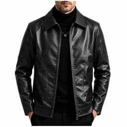 LNWUY Men's Lapel Collar Full Zip Faux Leather Jacket with Pockets, Windproof Vintage Slim Fit Casual Motorcyle Coat Plus Size (M-5XL) Black XL - Thumbnail 1