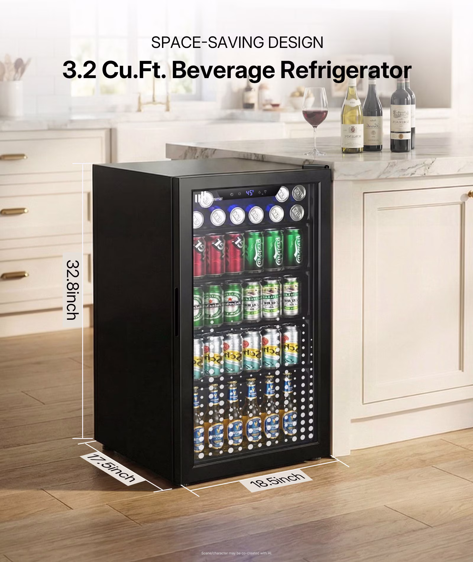 Upstreman 3.2 Cu.ft Beverage Refrigerator, 126 Can Mini Fridge with Glass Door, Wine Cooler Drink Fridge for Soda Wine Beer, Touch Temperature - Thumbnail 7
