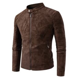 Men's Faux Leather Moto Jacket with Stand Collar, Metal Zipper, Casual Outerwear for Outdoor Wear, Slim Fit Short Coat - Thumbnail 1