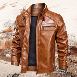 Men's Leather Jacket Stand Collar Motorcycle Bomber Jackets Brown S - Thumbnail 5