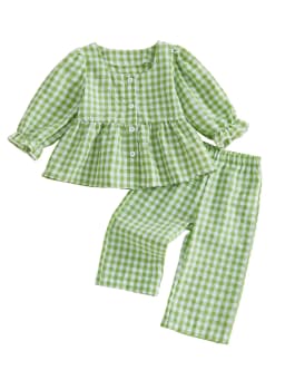Loicainy Baby Toddler Girls Fall Clothes Set 6 12 18 24 Months 2T 3T 4T 5T Plaid Square Neck Button up Long Sleeve Shirt and Elastic Pants 2 Piece Outfits - Thumbnail 1