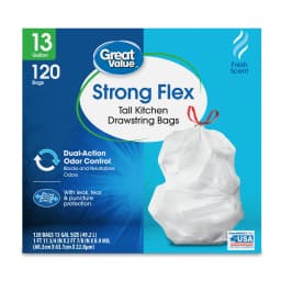 Great Value Strong Flex 13 gal Drawstring Tall Kitchen Trash Bags, Fresh Scent, 120 Bags - Thumbnail 3