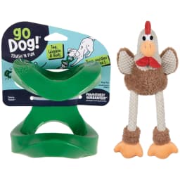 goDog Dog Toy Bundle, Magic Motion Twisty Tosser TPR Floating Bounce Toy & Farm Friends Skinny Rooster Plush Squeaky Toy with Chew Guard Technology - Thumbnail 1