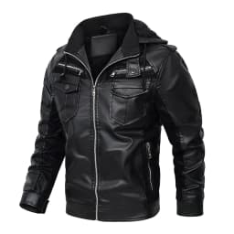 JUUYY Men's Faux Leather Bomber Jacket Hooded Fleece g Coat Retro Velvet Leather Zipper Pocket Long Sleeved Winter m Motorcycle Jacket Black XL - Thumbnail 6