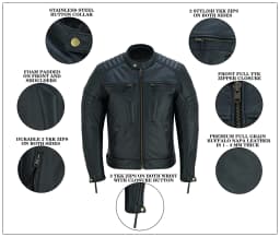 Chaqueta de Cuero para Motocicleta de Hombre, Desgastada, con Cierre, Chaquetas de Protección para Motocicleta, Negro Natural - Thumbnail 9
