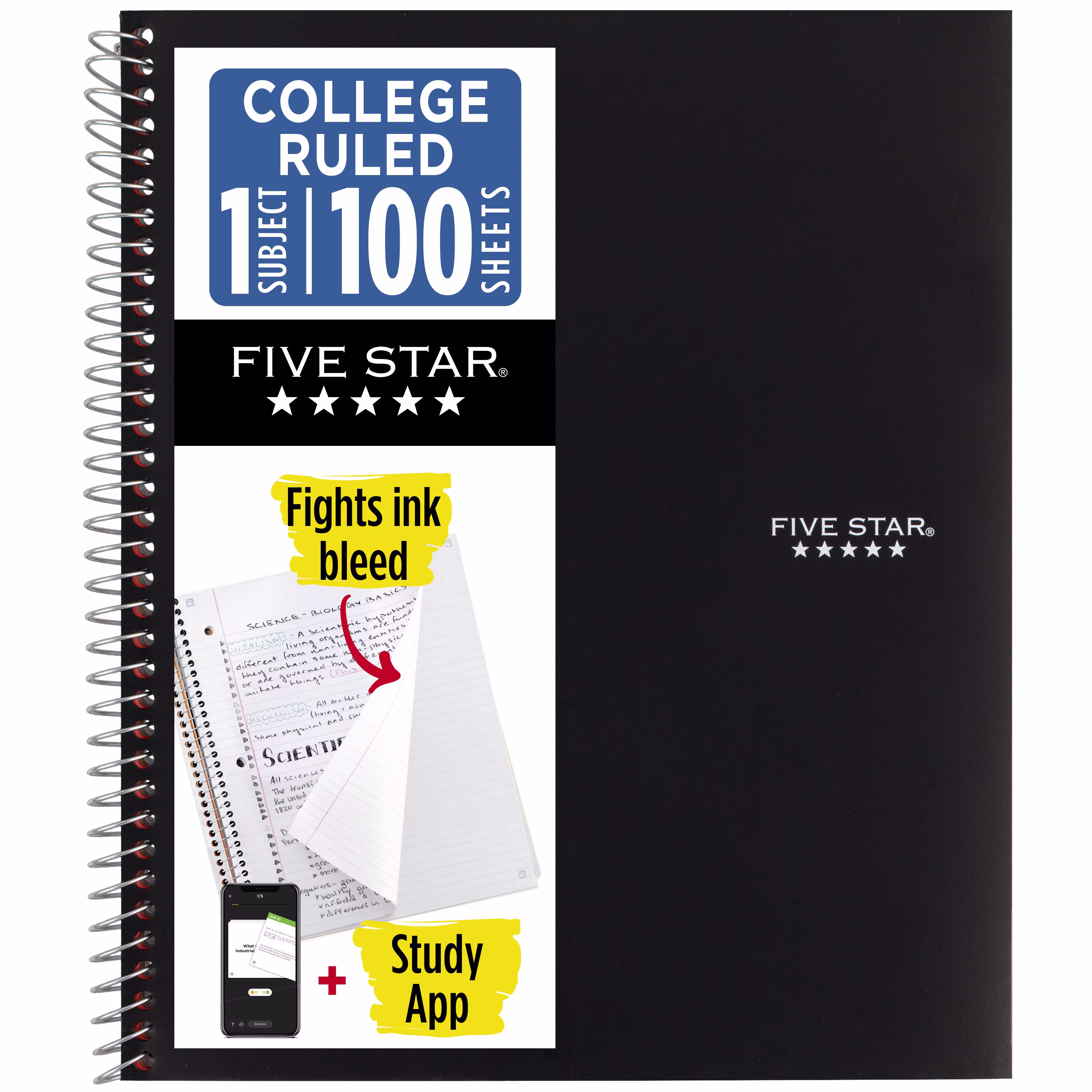 Five Star 1 Subject College Ruled Notebook Plus Study App, 8.5" x 11", Black, Poly, Spiral, 100 Sheets - Thumbnail 1