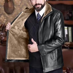 Jackets for Men Motorcycle Coats Zipper Pocket Leather Solid ColorLong Sleeved Jacket,Top for Men Black - Thumbnail 6