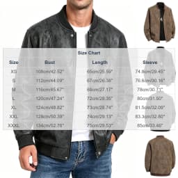LMOIPLI Men Stand Collar Vintage Textured Faux Leather Bomber Jacket Snap Button Oversized Casual Outer Coat for Spring Fall Street Campus Daily Walking Coffee XS - Thumbnail 3