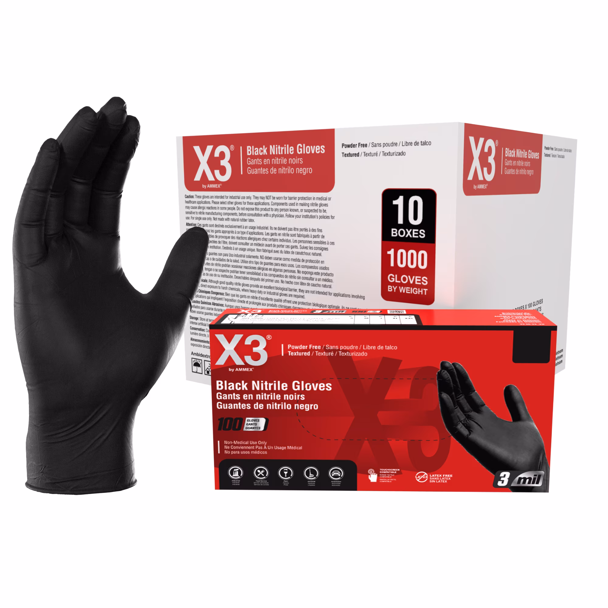 X3 Black Disposable Nitrile Gloves, Size XX-Large, 1000 Count, Light-Duty - Thumbnail 1