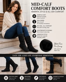 Women's Mid-Calf Faux Suede Slouch Boots Faux Fur Lined Side Zip Round Toe Flat Casual Boots - Thumbnail 3