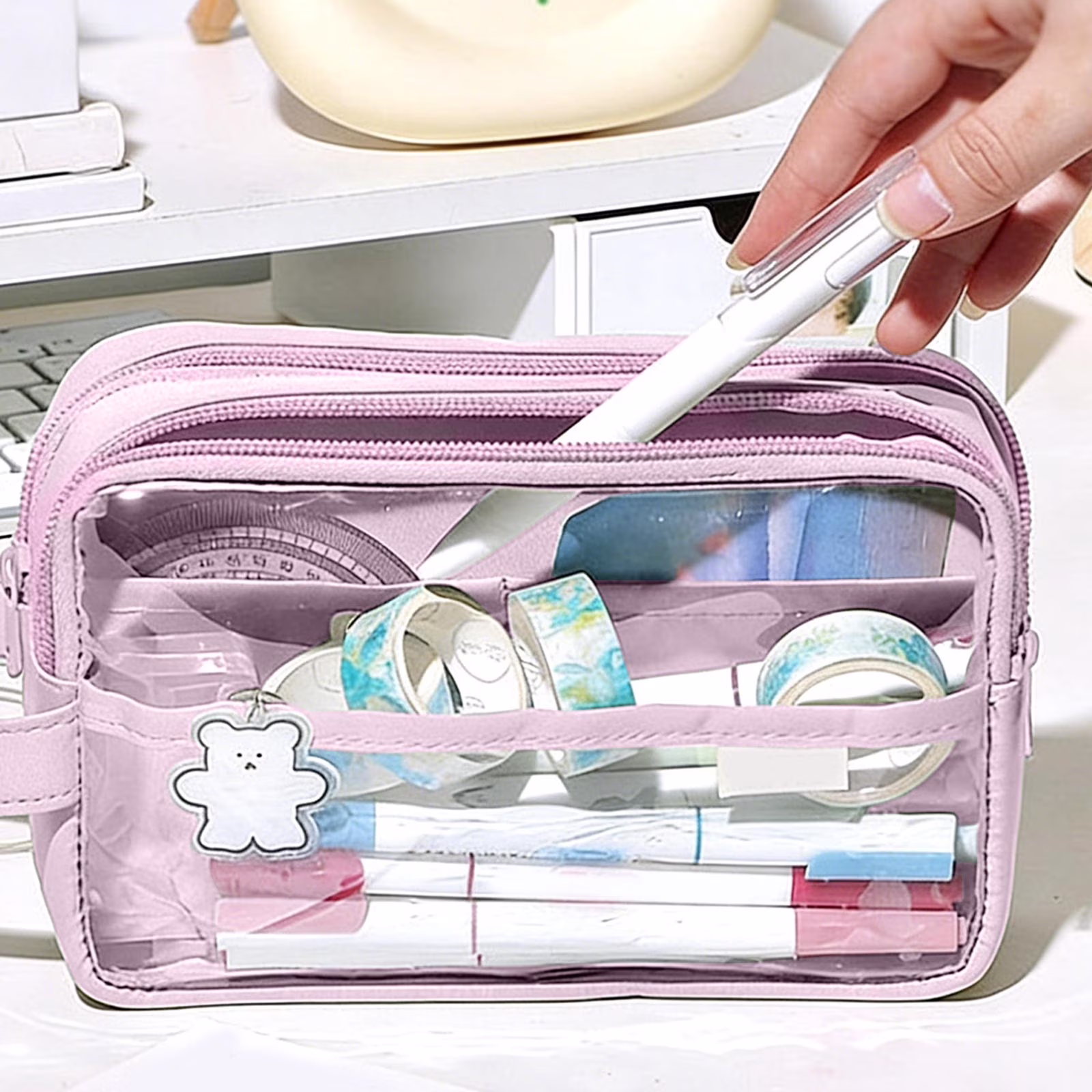 Dmlowu Pencil Pouch, 2 Separate Zippered Compartments Waterproof Pencil Case, Large Capacity Clear Bag for Pens Markers Tape Journal Supplies Badges - Thumbnail 2
