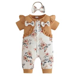 Karoyedx Unisex Newborn Clothes Newborn Baby Girl Summer Outfit Romper Embroidery Ruffle Jumpsuit Infant Waffle Clothes Coffee Size,12-18 Months - Thumbnail 1