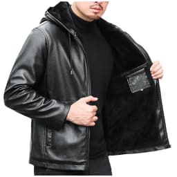 Men's Faux Leather Jacket Black Fleece Lined Motorcycle Bomber Jacket with Hood Slim Fit Warm Winter Coat Outwear Sizes S-2XL Black - Thumbnail 2
