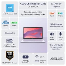 ASUS Chromebook CX15 Laptop, 15.6" FHD Display, Intel® Processor N50, 128GB Storage, 4GB RAM, ChromeOS, Pastel Purple - Thumbnail 2
