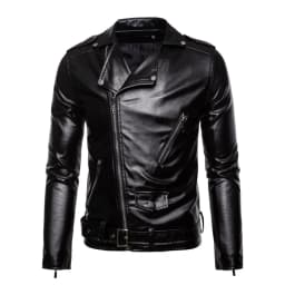 safuny Men's Faux Leather Jacket Stylish Zipper Coat Long Sleeve Windproof able Casual Outwear Winter Fashion Jacket for Outdoor Daily Wear Black XL - Thumbnail 1