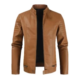IROINNID Men's Long Sleeve Faux Leather Short Jacket Solid Color Casual Work Clothes Leather Coat Pocket Fitted Jacket Suit Coat - Thumbnail 1