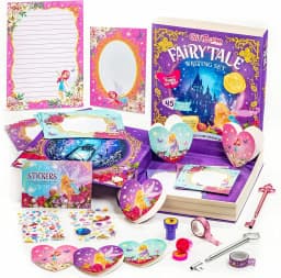 GirlZone Fairytale Writing Set, 45-Piece Fairy Stationery Kit with Paper Sheets, Cards, Stickers and Stampers in a Storybook Box, Magical Gift Idea - Thumbnail 1