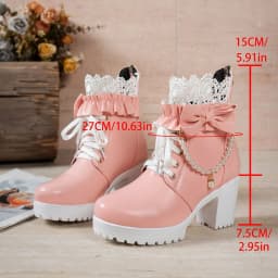 Women Chunky Heel Lace Up Booties Kawaii Shoes with Bow,Lolita Boots for Women Cosplay Shoes Platform Sweet Ankle Boots - Thumbnail 2