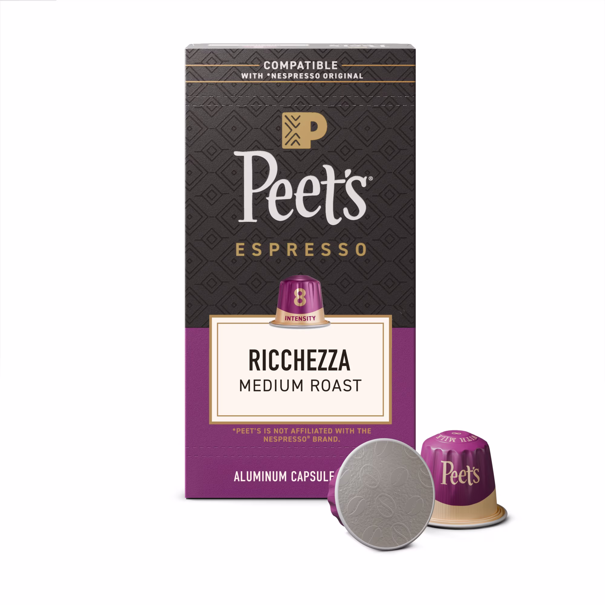 Peet's Coffee Ricchezza Premium Medium Roast Intensity 8 Espresso Coffee Pods, 10 Count