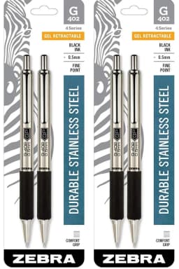 Zebra Pen G-402 Stainless Steel Retractable Gel Pen, Fine Point, 0.5 mm, Black Ink, 4-Count (49212) - Thumbnail 2