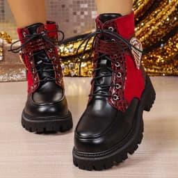 Womens Platform Boots Round Toe Chunky Ankle Boots Punk Boots Lace Up&Zipper Combat Boots with Beautiful Decor - Thumbnail 2