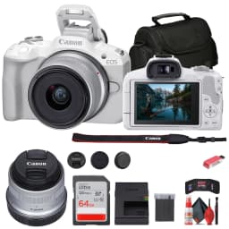 Canon EOS R50 Mirrorless Camera with 18-45mm Lens Bundle, White + 64GB Card + Accessories (International Model) - Thumbnail 1