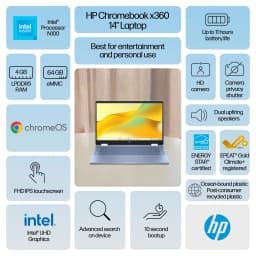 HP Chromebook x360 14 inch FHD IPS Touch 2-in-1 Laptop Intel Processor N100 4GB RAM 64GB eMMC - Sky Blue - Thumbnail 2