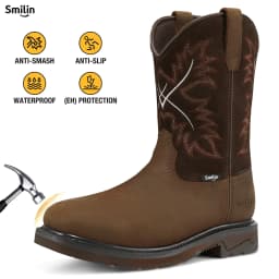 SMILIN Men's Steel Toe Work Boots, Square Toe Waterproof Cowboy Boots for Men, Brown, US Size 9.5 - Thumbnail 1