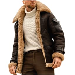 jjayotai Mens Tops Clearance Mens Casual Stylish Sherpa Faux Leather Jacket Warm Coat Windproof Vintage Fur Bomber Casual Winter Suede Jacket - Thumbnail 2