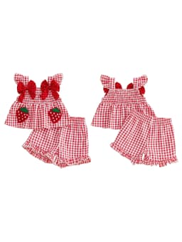 Loicainy Toddler Baby Girl Summer Outfit 6 9 12 18 24 Months 2T 3T Strawberry Embroidered Plaid Bows Ruffled Trim Tank Tops and Shorts 2 Pcs Clothes Set - Thumbnail 2