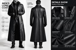 Mens Leather Trench Coat Full Length Black Classic Faux Leather Long Coat Retro Black Leather Jacket Long Steampunk Overcoat - Thumbnail 4