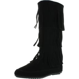 Nature Breeze Women's Boots Faux Suede Fringe Mocassin Black, Size 8 - Thumbnail 1