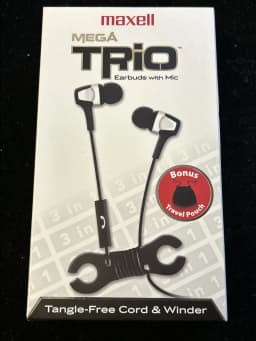 Maxell Mega Trio Black Earbuds With Mic Tangle Free Cord Winder & Carrying Pouch - Thumbnail 1