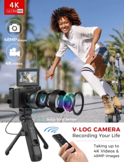 4K Digital Camera with Creator Accessory Kit Autofocus Vlogging Camera Remote Control with Flip Screen, Grip, Wide Angle Lens - Thumbnail 2