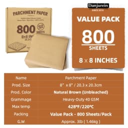 Danjurein 800 Sheets Value Pack 8x8 Parchment Paper Squares - Unbleached, Non-Stick Food Grade 428°F Heat Resistant for Baking Pan Liners, Brownies - Thumbnail 9