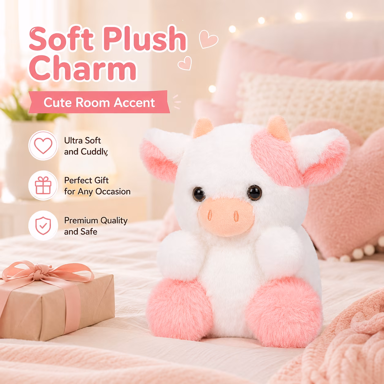 Strawberry Cow Plush Doll - Cute Stuffed Animal Toy, Soft Cuddly Cow Plushie, Durable Family Stuffed Toy, Perfect Holiday Birthday Gift for Easter - Thumbnail 7