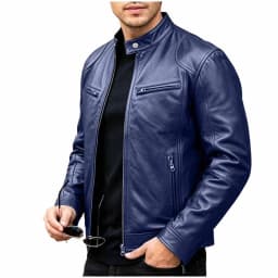 Men's Stand Collar Faux Leather Jacket, Zip up Long Sleeve Vintage Casual Motorcycle Coat for Daily Wear Dark Blue XL - Thumbnail 3