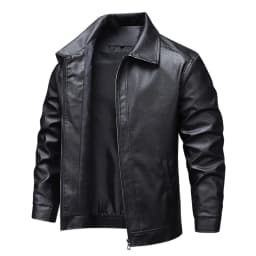 FRSASU Men's Vintage Stand Collar Leather Jacket Windproof Zip Pocket Casual Motorcycle Bomber Outwear Coat Black - Thumbnail 3