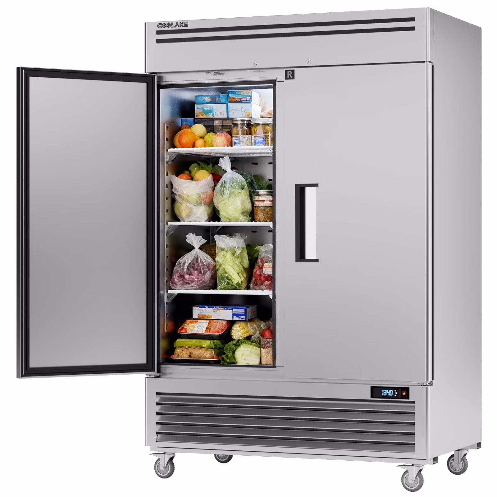 Coolake 49 Cu Ft Commercial Refrigerator, 54.4" W 2 Door Upright Fridge with 8 Adjustable Shelves, Frost-free Stainless Steel Industrial Reach-in - Thumbnail 1