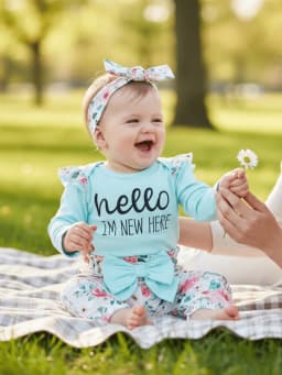 PatPat Baby Girl Clothes Floral Romper Long Sleeve Pants Headband Set Summer Winter Clothing for Newborn Infant Baby Girls Mint Mambo Mint Mambo Mint Mambo 0-3 Months - Thumbnail 3