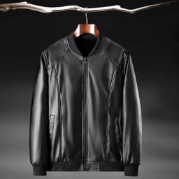 kakina CMSX Men's Autumn and Winter Leather Jacket,Motorcycle Lightweight Round Neck Faux Leather Outwear Slim Solid Color Casual Stylish Coat - Thumbnail 6
