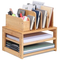 Enogets Bamboo Desk Organizer with File Holder & Adjustable Pen Holding, 3-Tier Desktop Letter Paper Tray Storage - Thumbnail 1