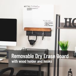 Mind Reader Whiteboard Message Center, Glass Dry Erase Board with Wood Holder and Hooks, Removable Whiteboard for Office or Home, Wall Mounted, 18" x - Thumbnail 2