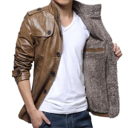 YLSDY Men's Fashion Faux Leather Jacket Winter Warm Fleece Lined Pu Leather Coat Slim Fit Motorcycle Jacket Khaki L - Thumbnail 5