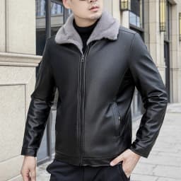 Maoxin Men's Leather Jacket Men's Fashion Vintage Thicke Motorcycle Solid Color Zipper Pocket Leather Long Sleeved Hooded Jacket Leather Jacket Men Plus Size Black S - Thumbnail 1