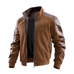 LEKWK Bomber Jacket Men Full Zip Stand Collar Faux Leather Coat with Pockets Vintage Raglan Long Sleeve Fall Casual Moto Biker Outerwear Brown XXL - Thumbnail 4