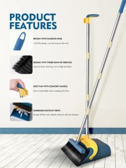 FVSA Upgrade Broom and Dustpan Set for Home,Self-Cleaning with Dustpan Teeth,51.2in,Stand up,Blue - Thumbnail 5